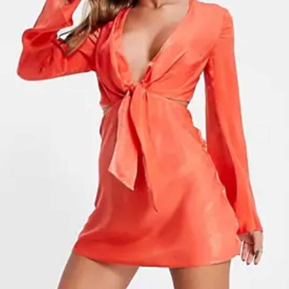 ASOS DESIGN‎ Tie Front Satin Mini Dress Flared Sleeves Red Size 12 New With Tags